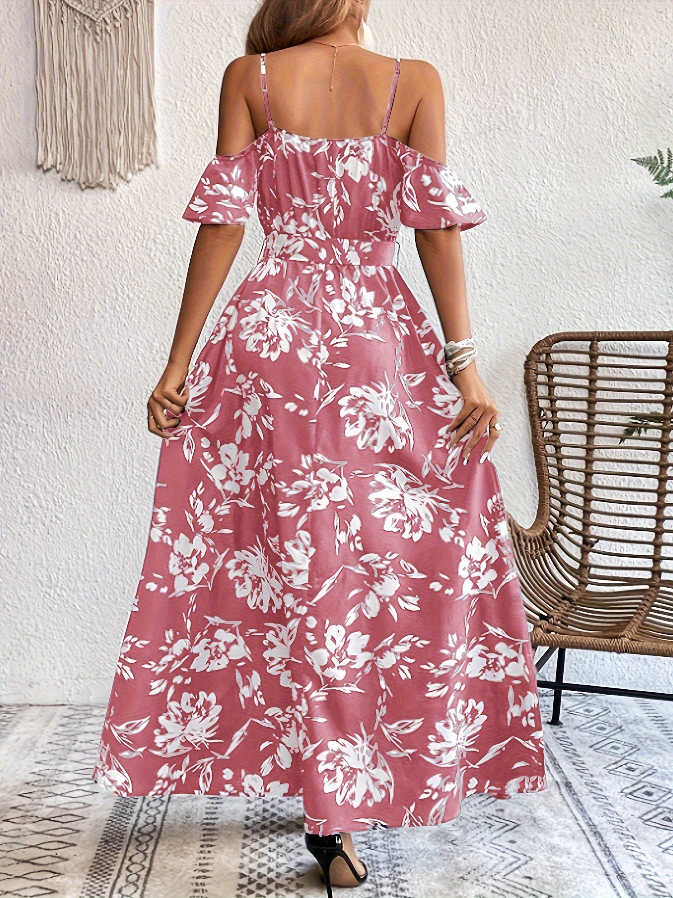Floral Cold Shoulder Slit Maxi Dress