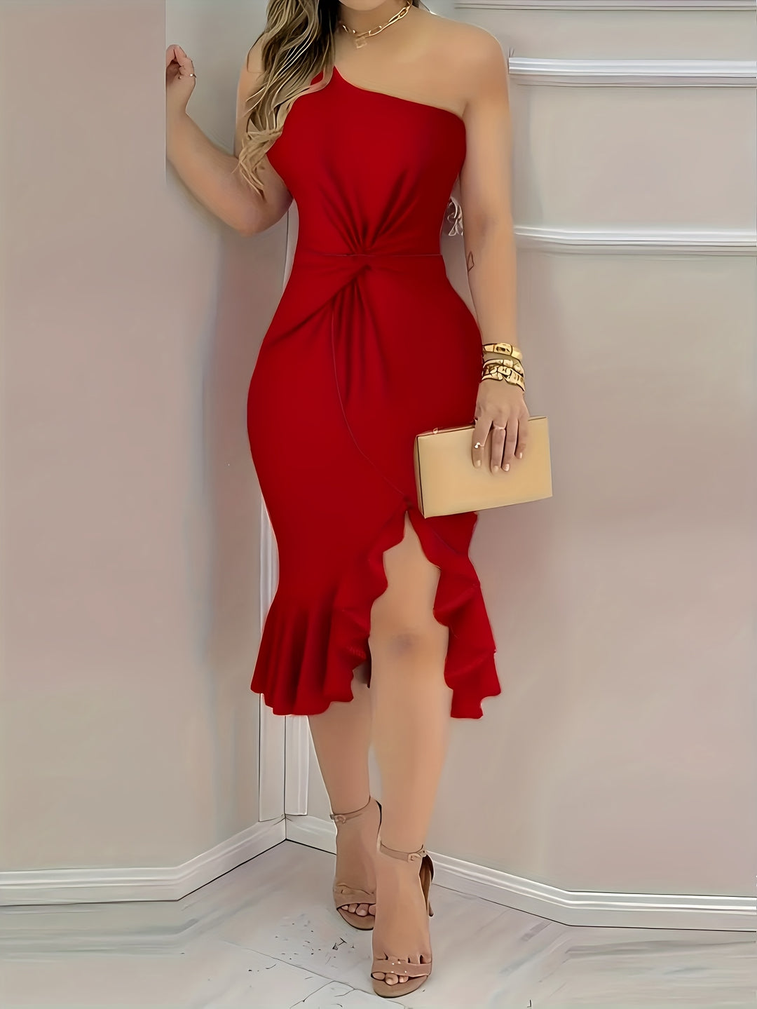 Elegant One Shoulder Ruffle Midi Dress