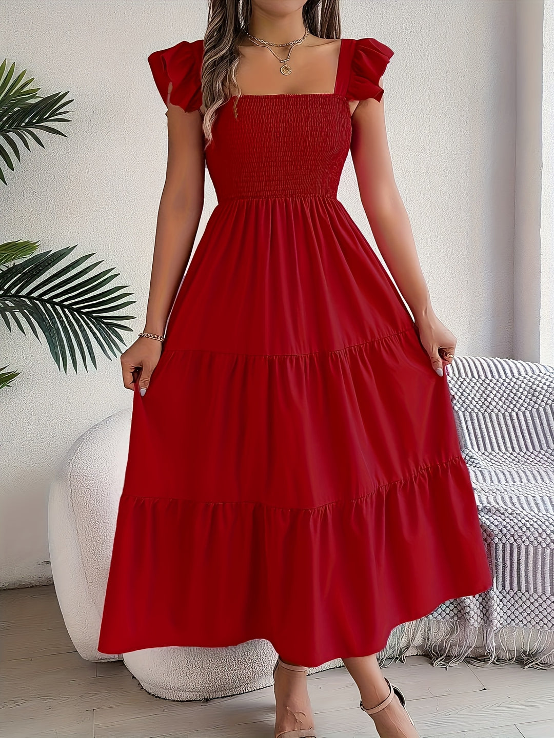 Flowy Tiered Smocked Midi Dress