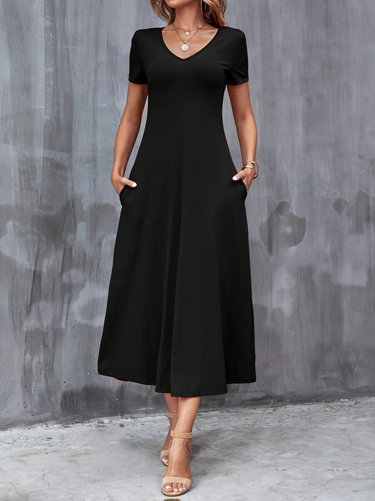 Casual V-Neck Pocket Midi Dress