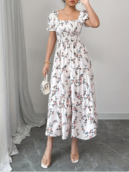 Floral Smocked Bodice Puff Sleeve Midi