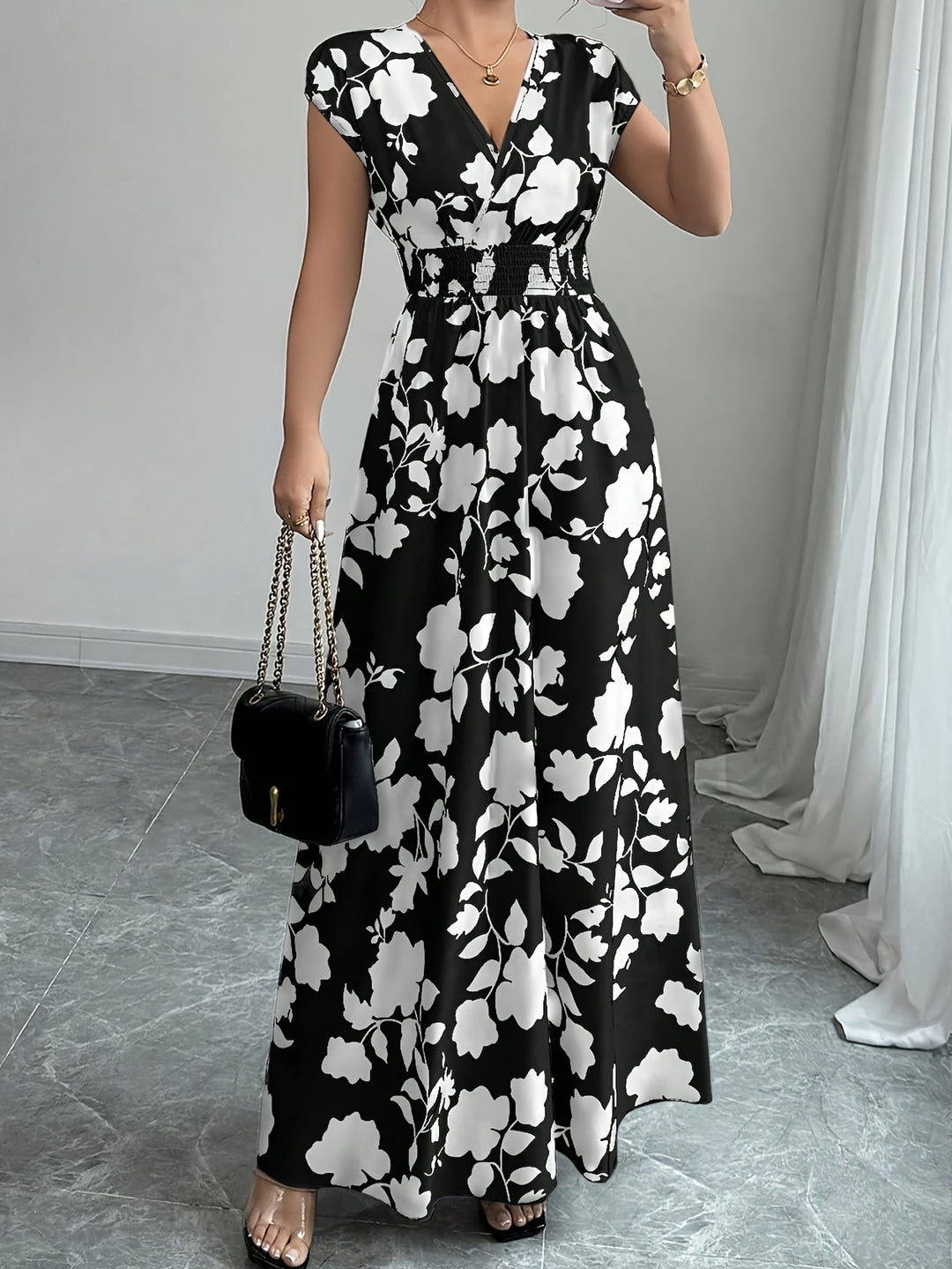 Bohemian V-Neck Smocked Waist Maxi Dress