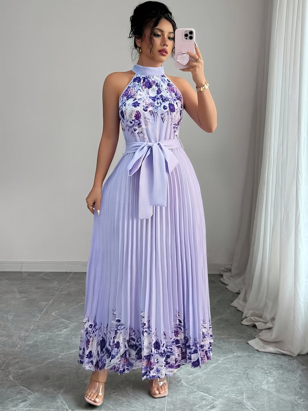 Halter Neck Floral Pleated Boho Dress
