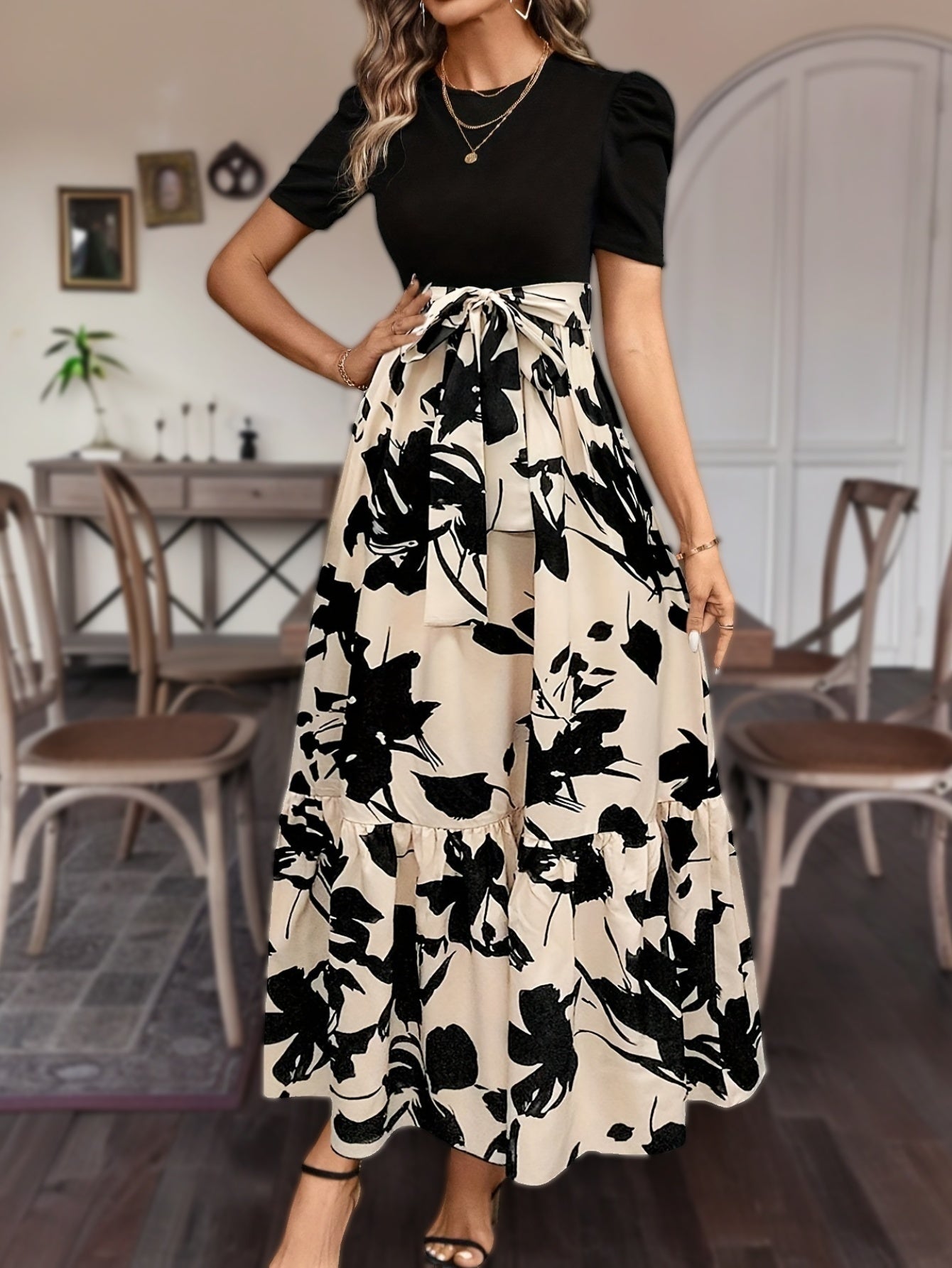 Puff Sleeve Floral Tie Waist Maxi Dress