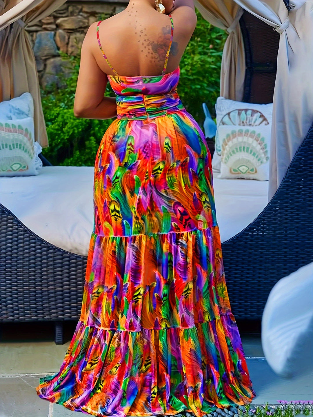 Feather Print Cut-Out Tiered Maxi Dress - Plus Size