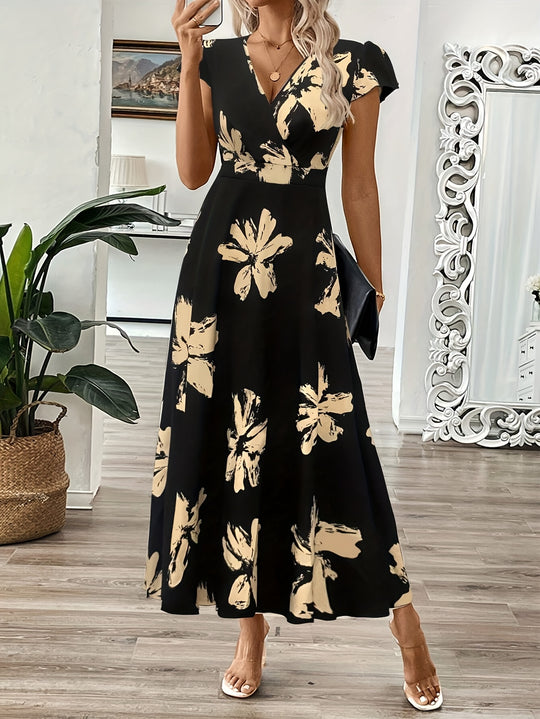 Bold Floral Print Short Sleeve Summer Maxi Dress