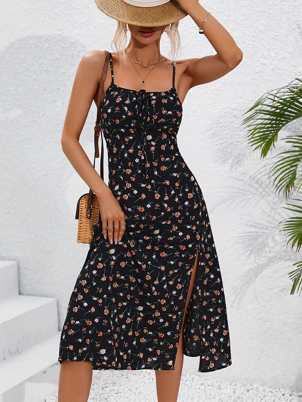 Casual Floral High Slit Midi Dress