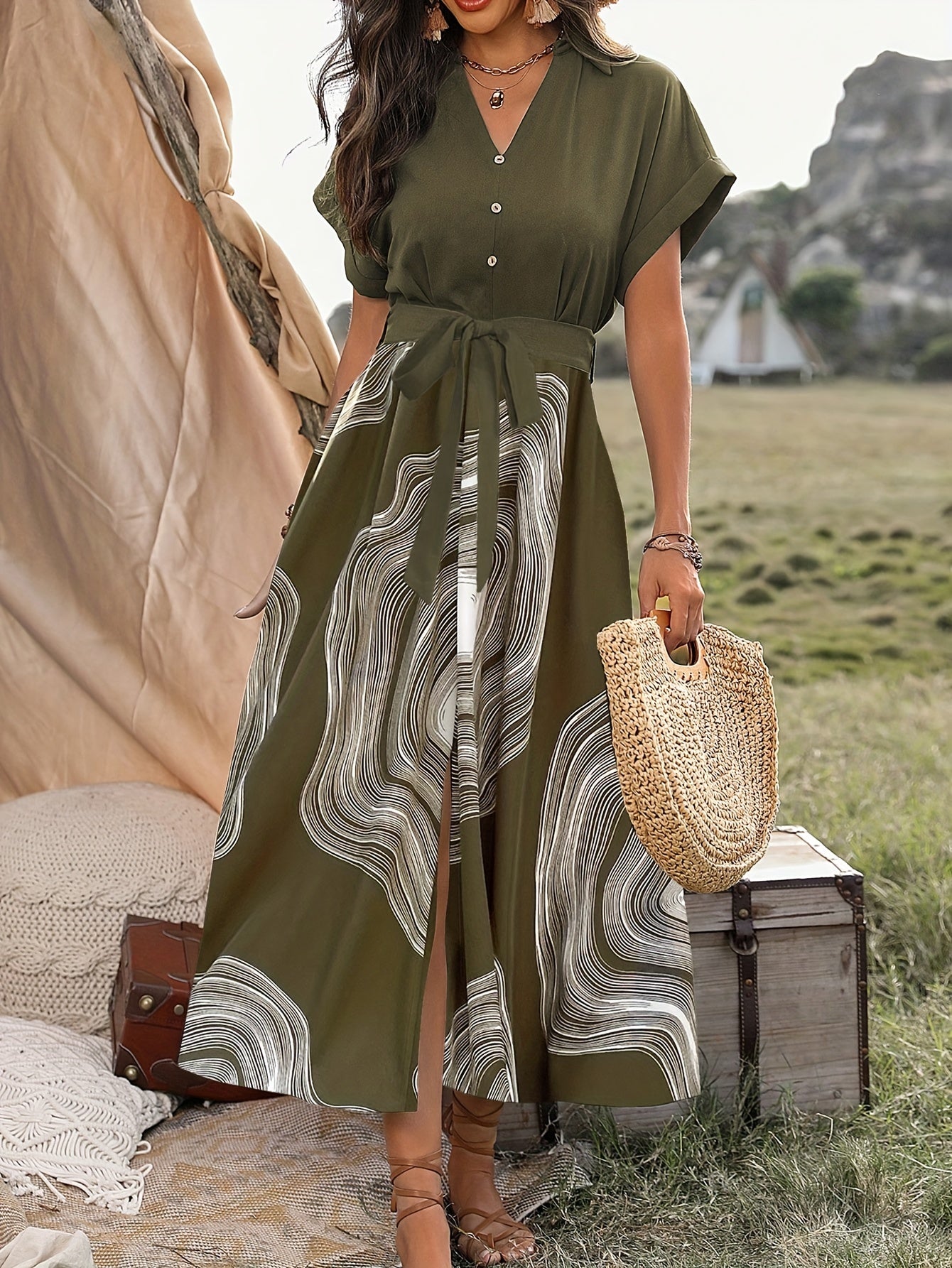 Collared V-Neck Button Down Summer Maxi Dress