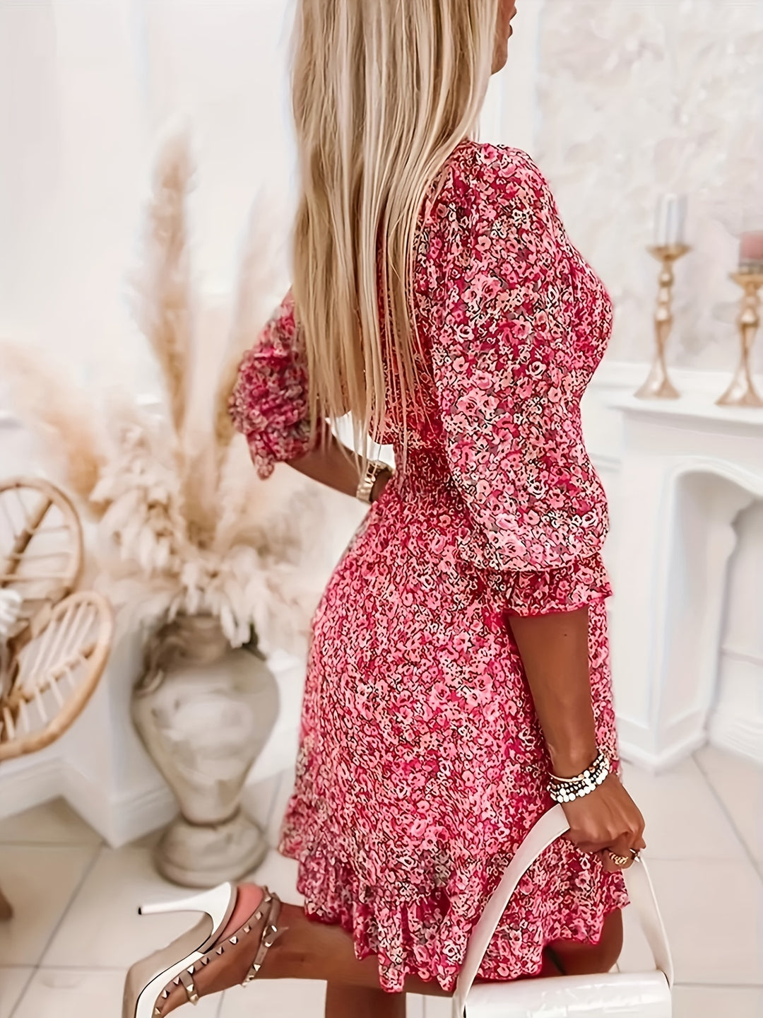 Floral V-Neck Ruched Waist Summer Boho Dress