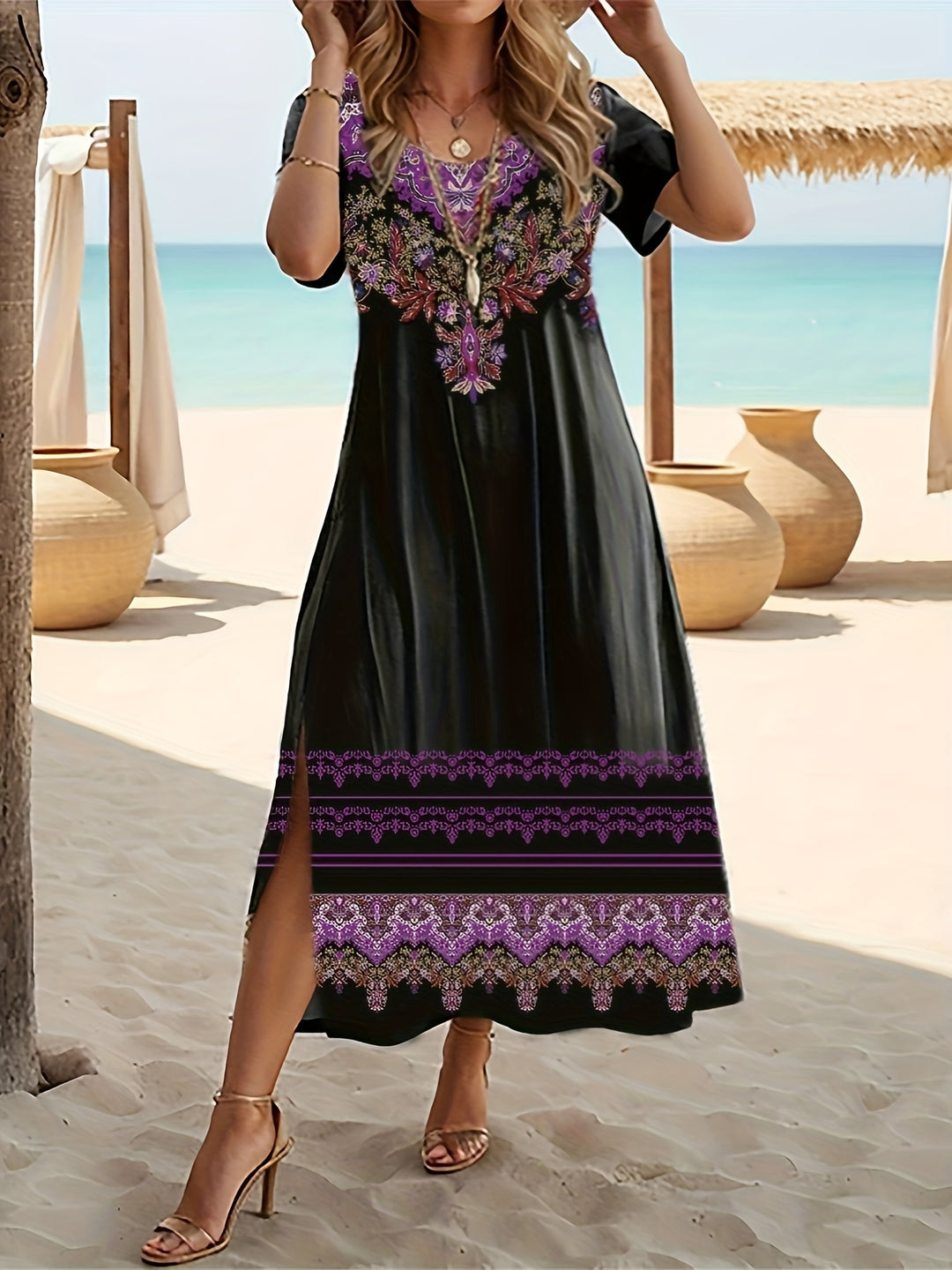 Boho Ethnic Print Side Slit Dress