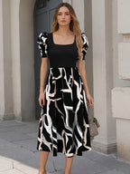 Abstract A-Line Puff Sleeve Midi Dress