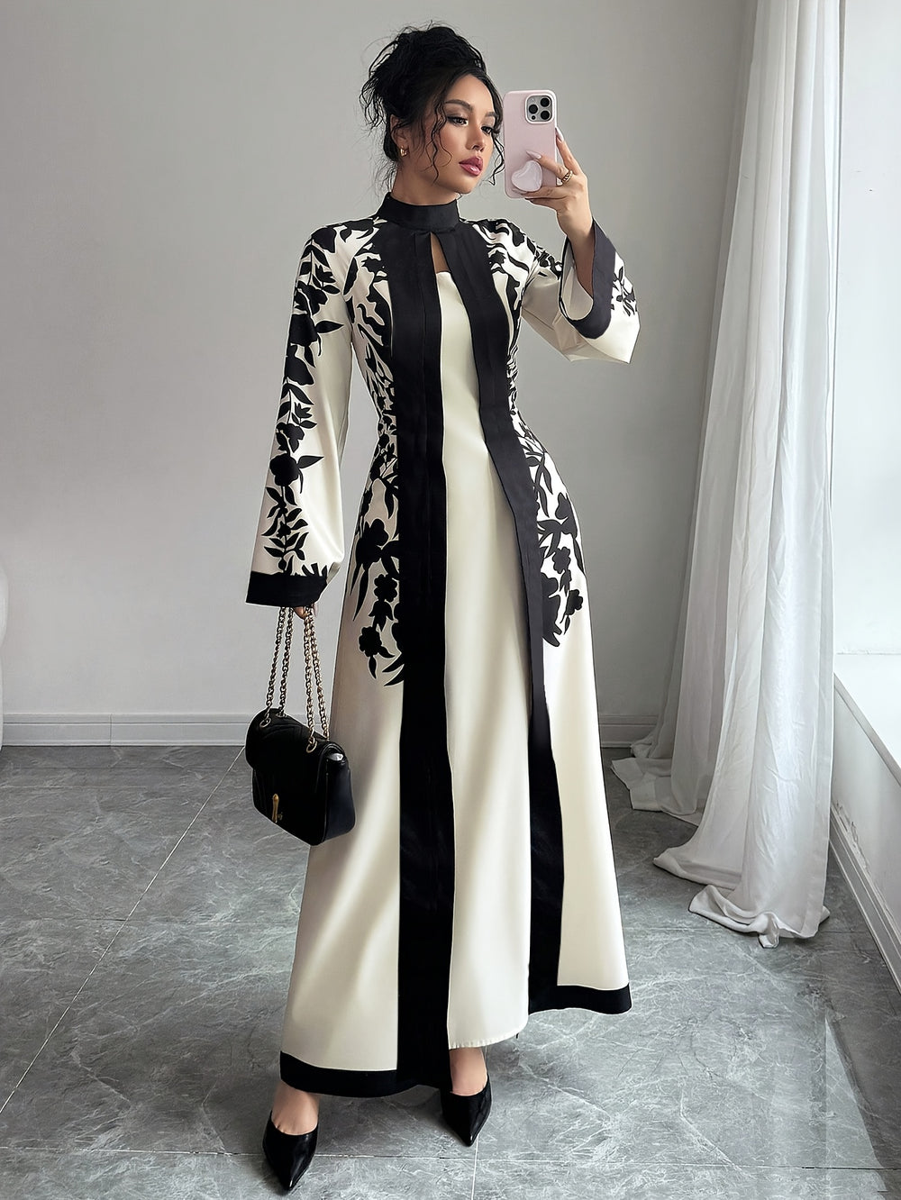 Flared Sleeve Long Floral Panel Evening Maxi Dress