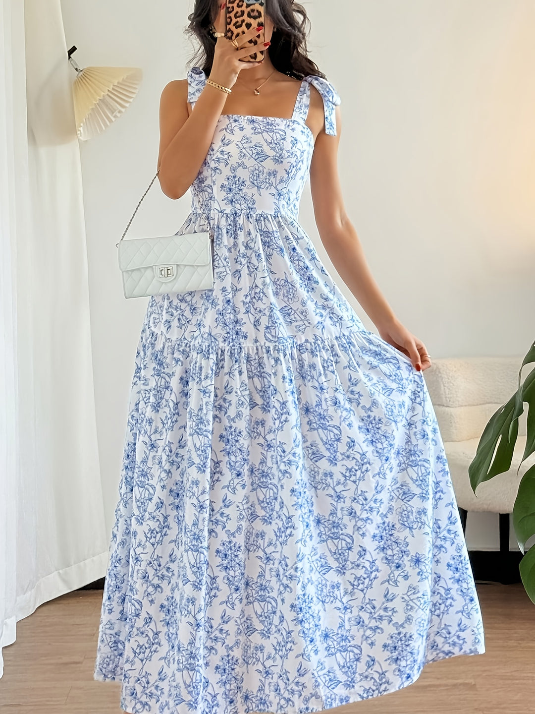 Tie Shoulder Floral Pattern Tiered Maxi Dress