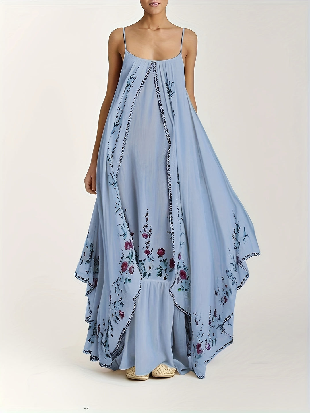 Spaghetti Strap Floral Border Maxi Boho Dress
