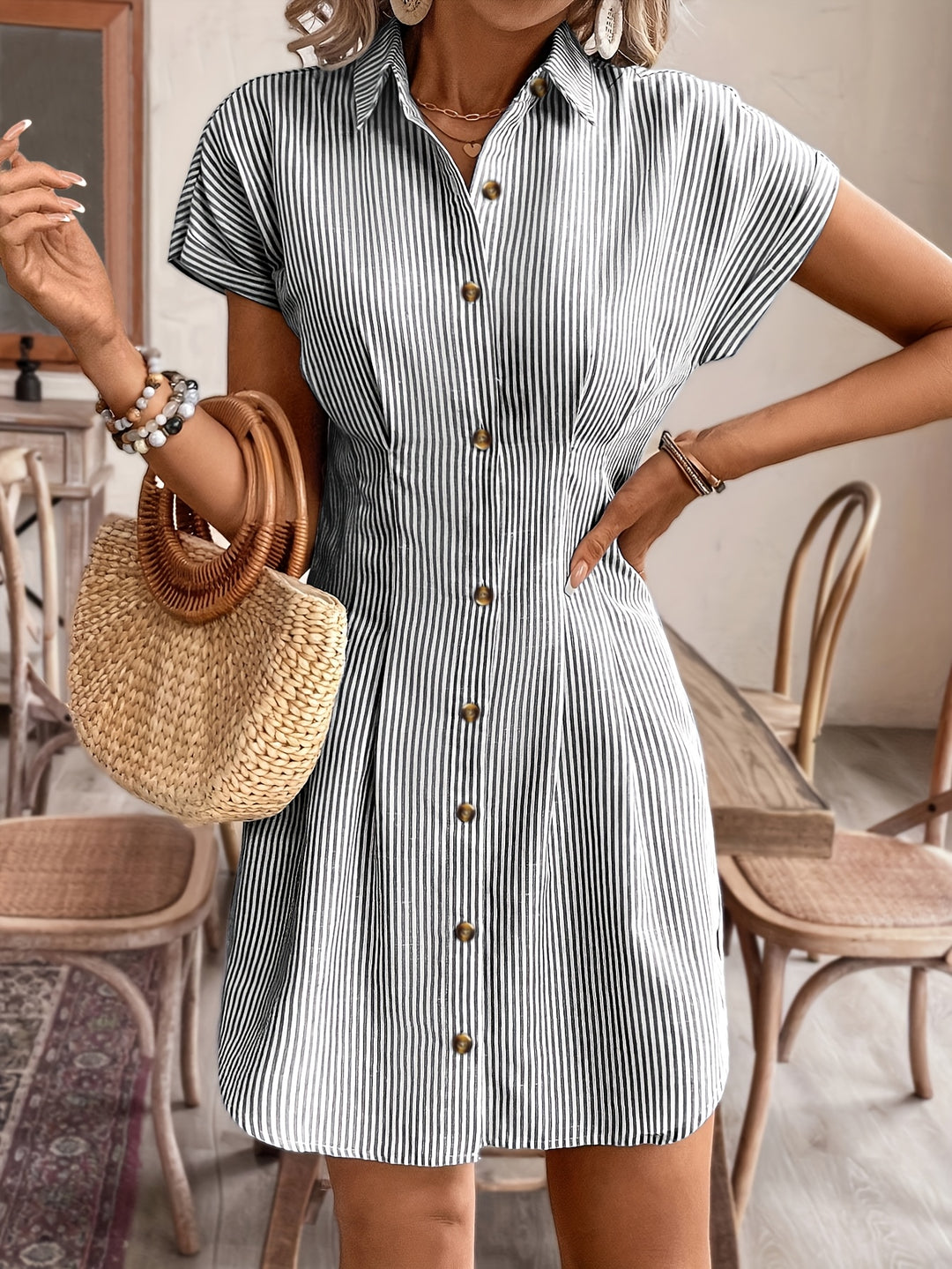 Button Front Vertical Stripe Shirt Dress