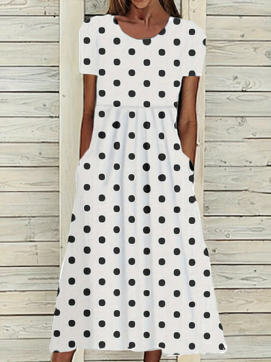Casual Polka Dot Pocket Midi Dress