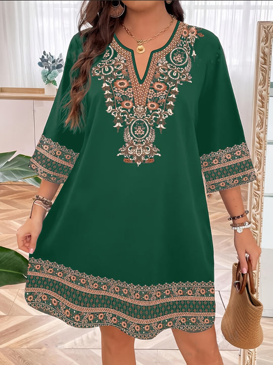 Bohemian Earthy Motif Relaxed Fit Summer Dress - Plus Size
