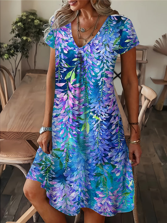 Flowy V-Neck Cascading Floral Shift Dress