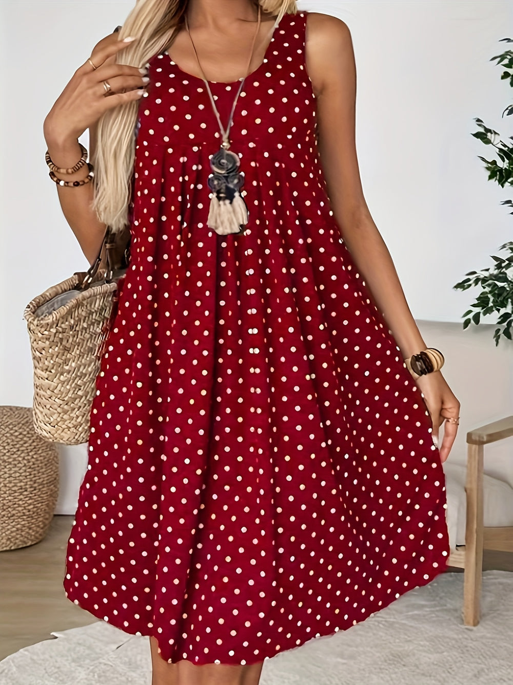 Casual Scoop Neck Polka Dot Mini Dress