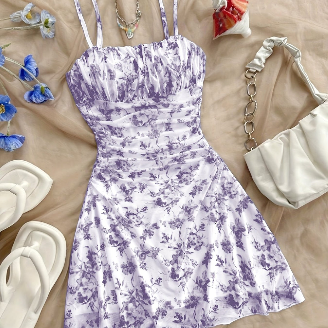 Romantic Floral Ruched Double Strap Mini Dress
