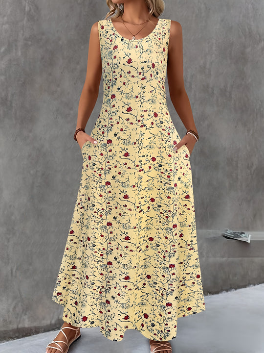 Sleeveless Floral Print Maxi Dress with Pockets - Plus Size