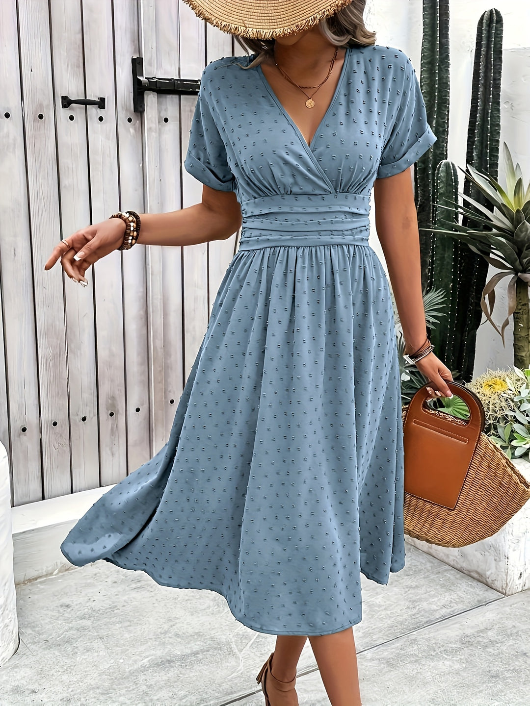 Casual Swiss Dot V-Neck Midi Dress