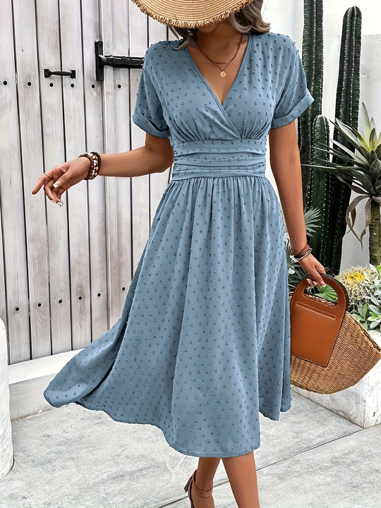 Casual Swiss Dot V-Neck Midi Dress
