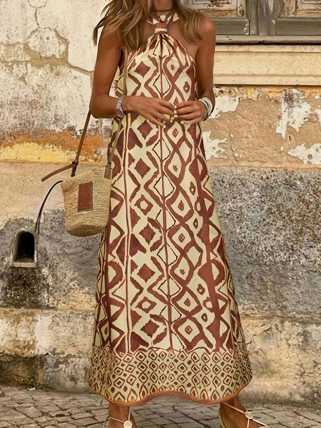 Boho Geometric Pattern Halter Slit Summer Dress