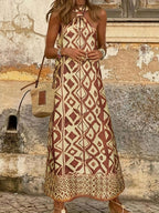 Boho Geometric Pattern Halter Slit Summer Dress