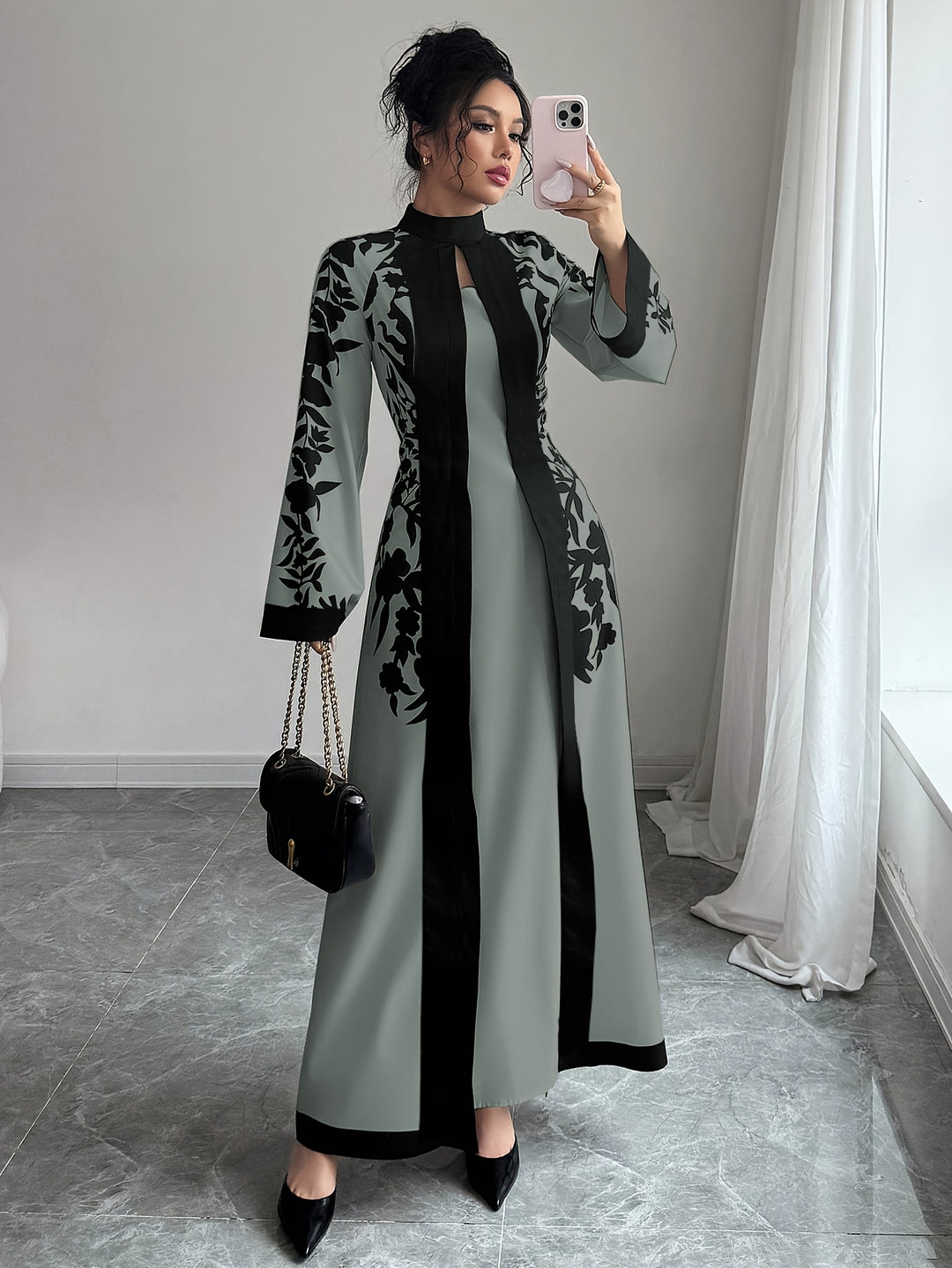 Flared Sleeve Long Floral Panel Evening Maxi Dress
