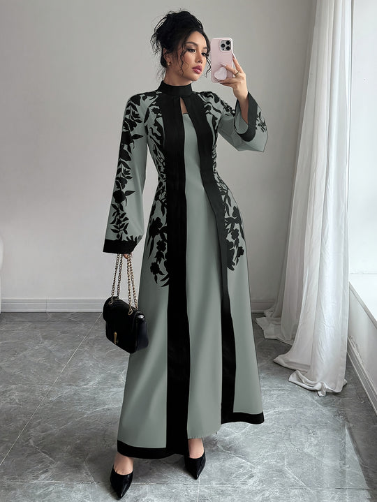 Flared Sleeve Long Floral Panel Evening Maxi Dress