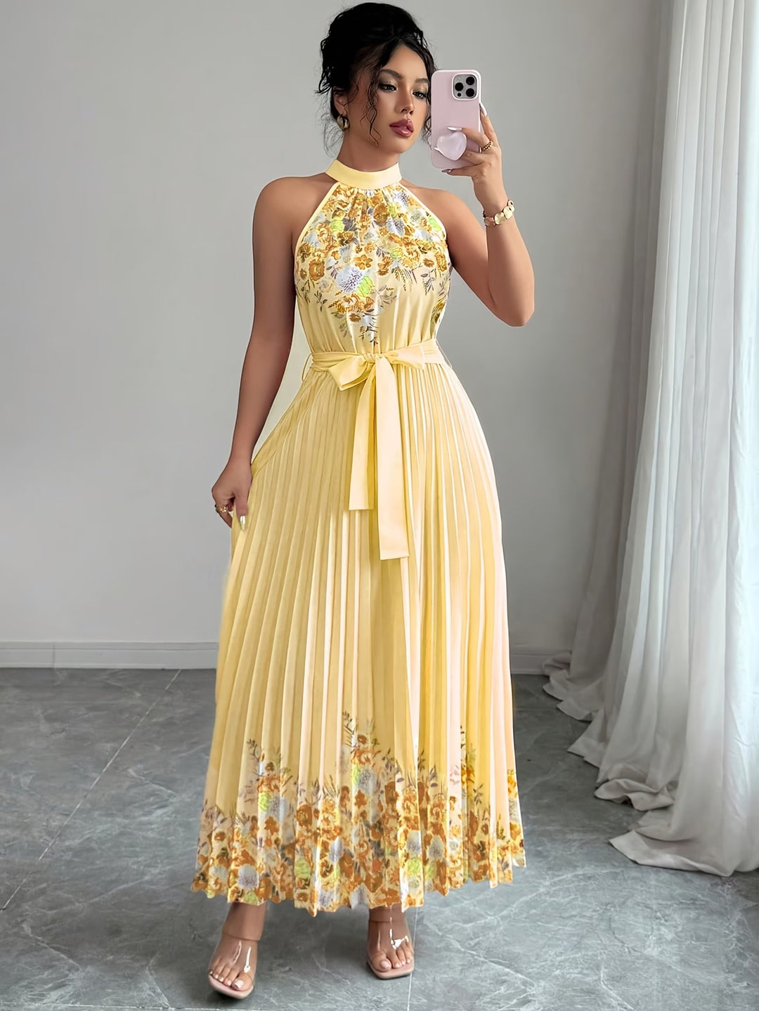 Halter Neck Floral Pleated Boho Dress