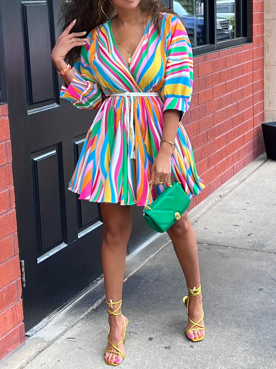 Colorful Striped V-Neck Mini Boho Dress
