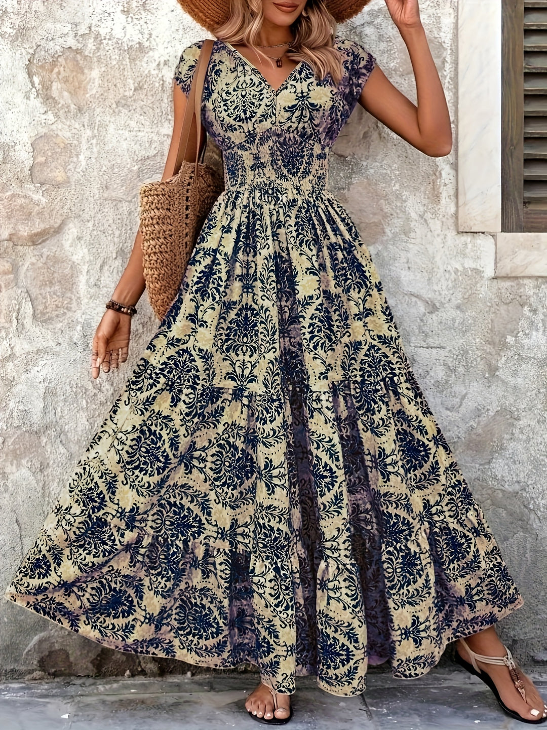 Ornate Print Tiered Smocked Boho Summer Dress