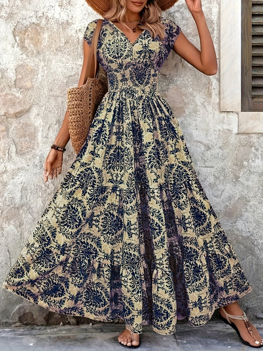 Ornate Print Tiered Smocked Boho Summer Dress