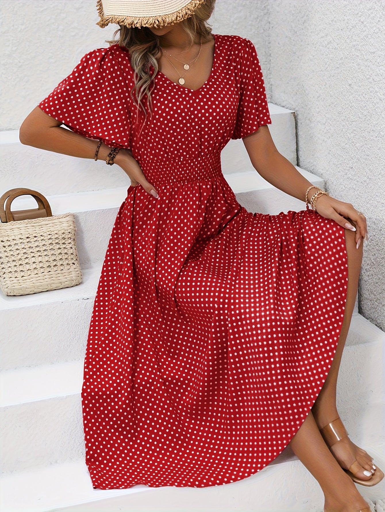 Bohemian Polka Dot Flowy Smocked Dress