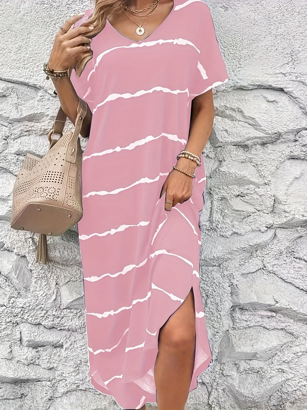 Casual V-Neck Tie Dye Pattern Loose Maxi Dress - Plus Size