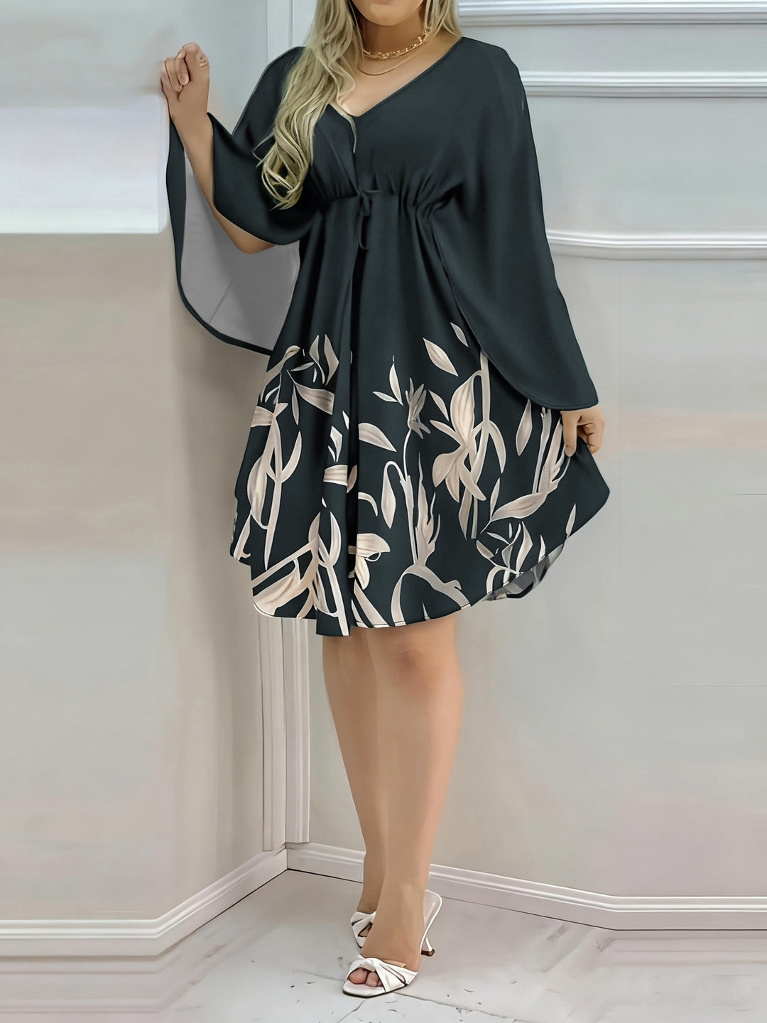 Elegant Cape Sleeve Flowy Mini Dress