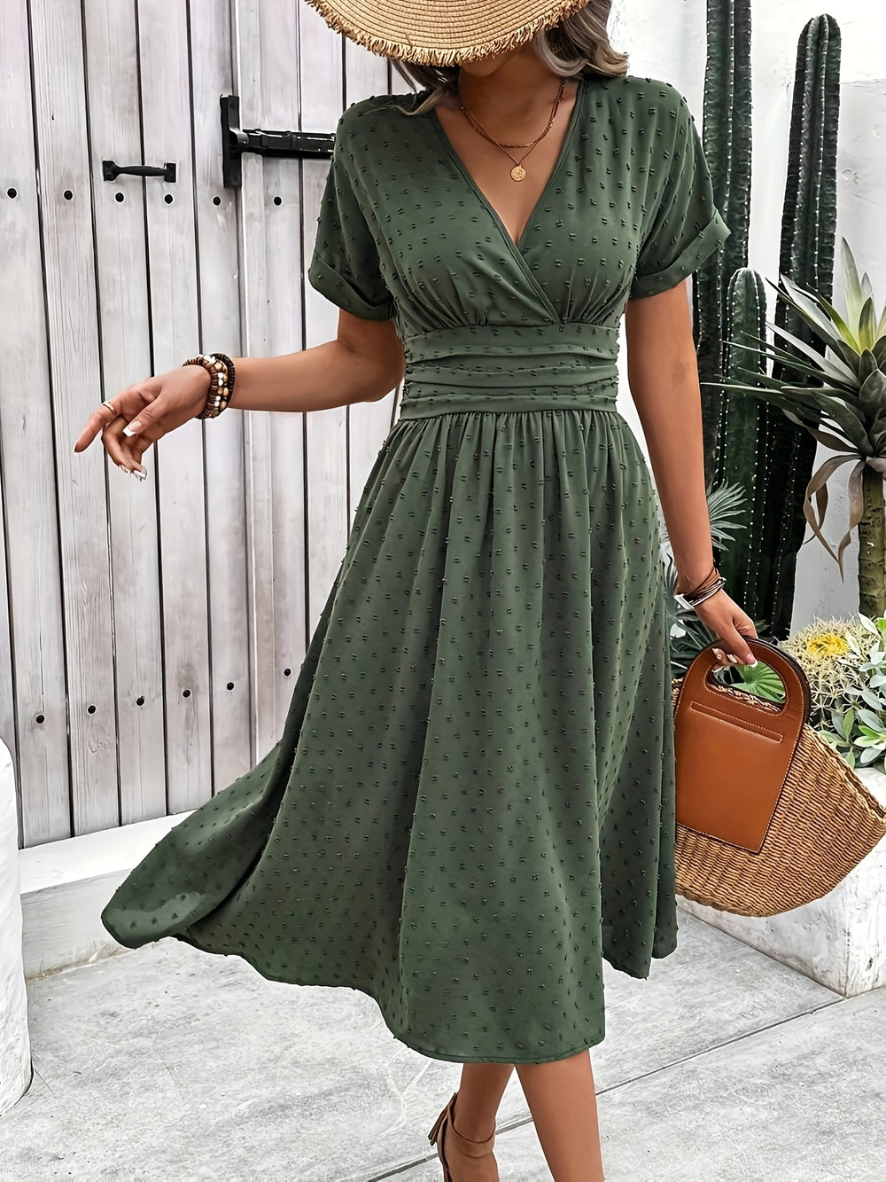 Casual Swiss Dot V-Neck Midi Dress