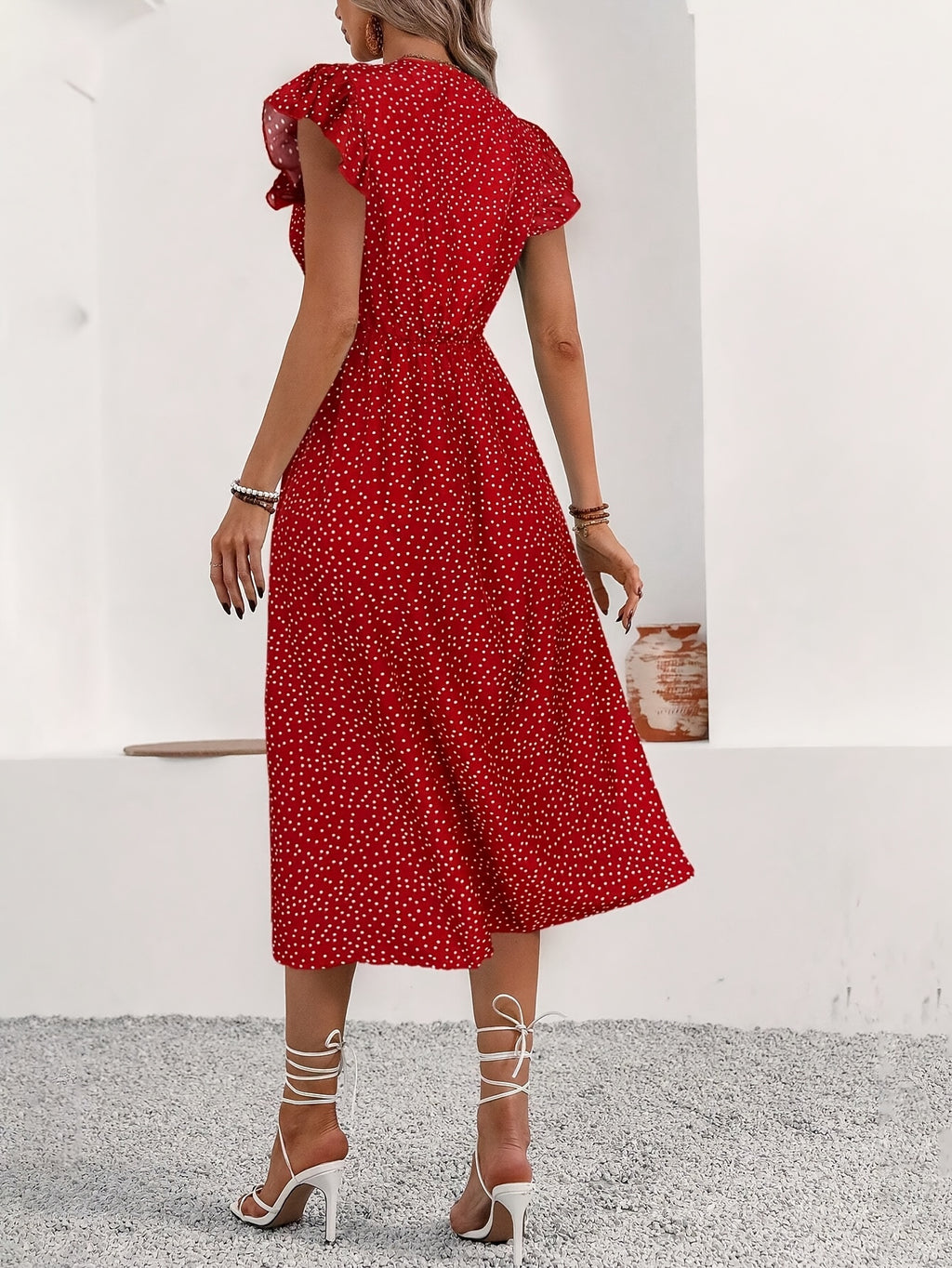 Elegant Polka Dot V-Neck Button Maxi Dress