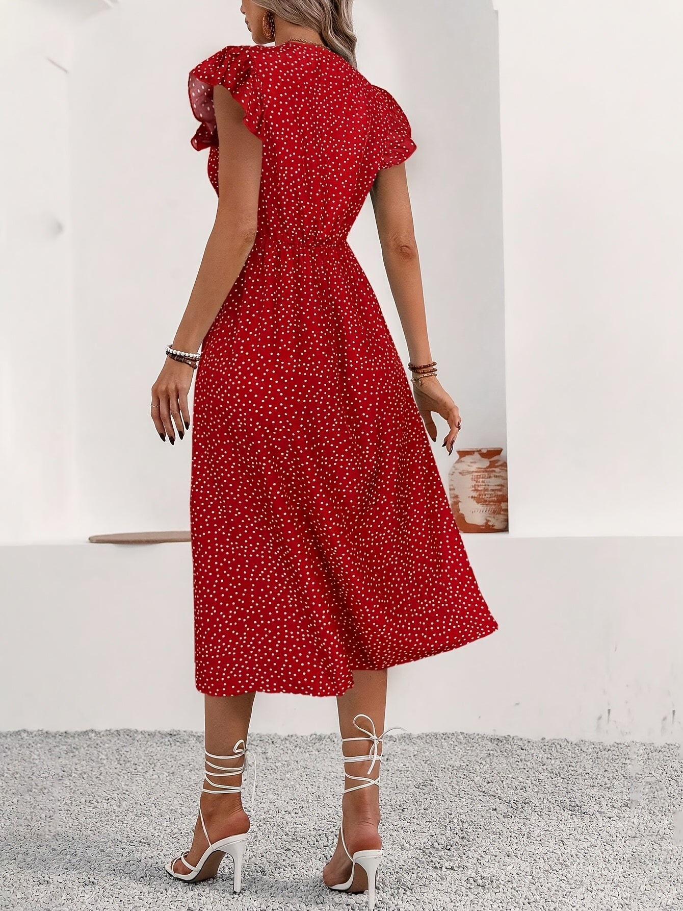 Elegant Polka Dot V-Neck Button Maxi Dress