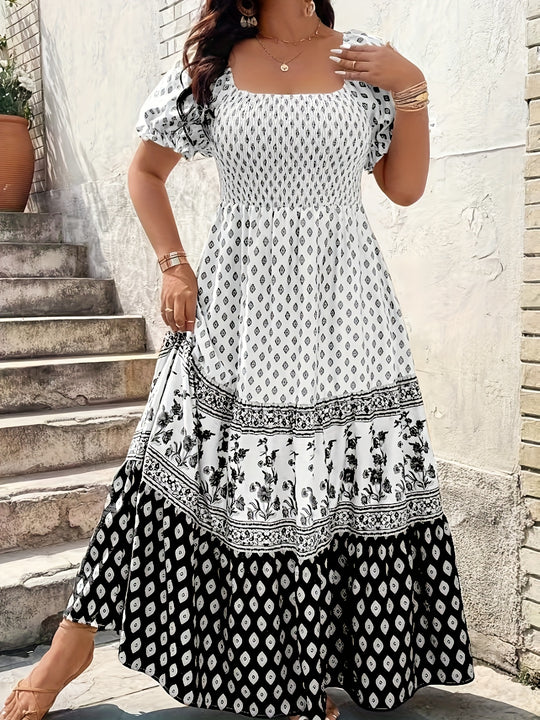Ruffle Sleeve Floral Border Summer Dress - Plus Size