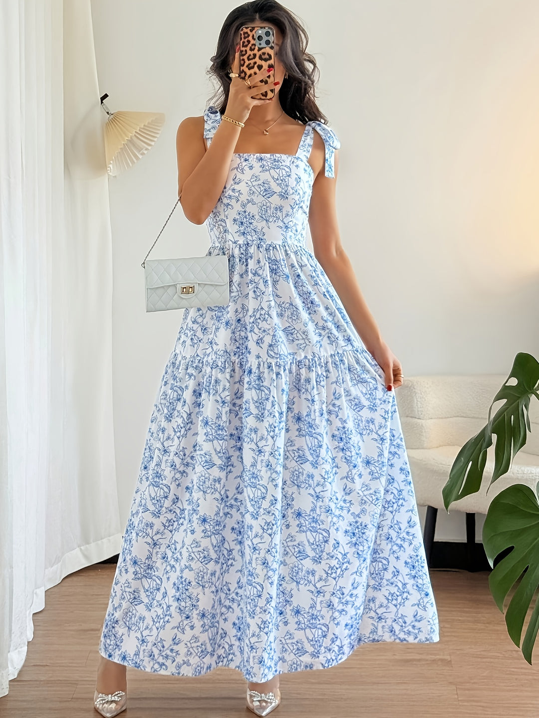 Tie Shoulder Floral Pattern Tiered Maxi Dress