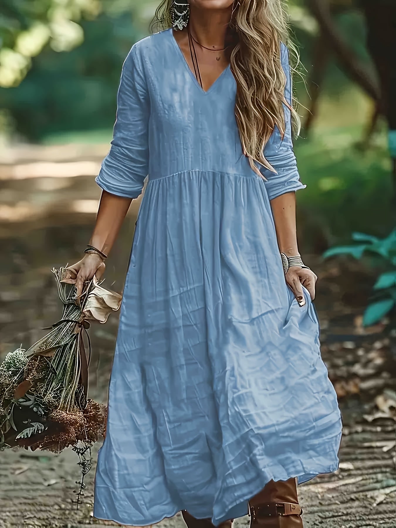 Bohemian V-Neck Textured Tiered Maxi Dress