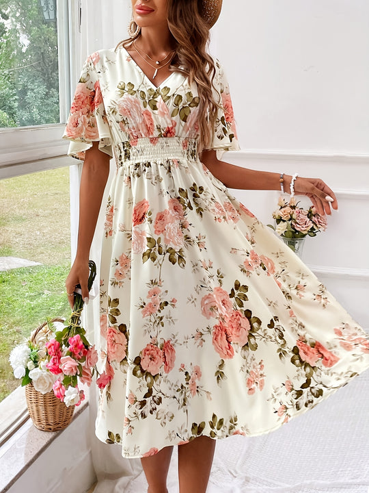 Floral Print V-Neck Flutter Sleeve Smocked Midi Dress - Plus Size