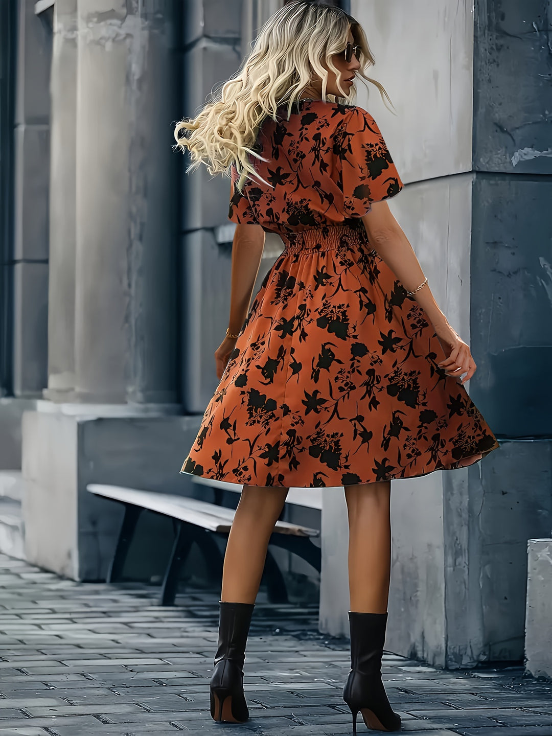 Floral V-Neck Flutter Sleeve Smocked Bohemian Dress