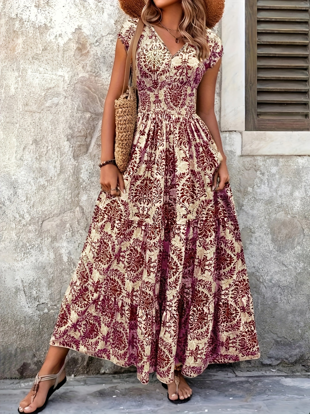 Ornate Print Tiered Smocked Boho Summer Dress