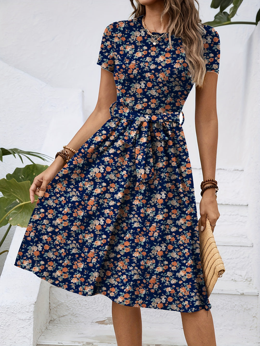 Boho A-Line Floral Tie Waist Dress