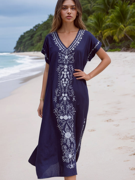 Bohemian V-Neck Embroidered Kaftan Maxi Dress