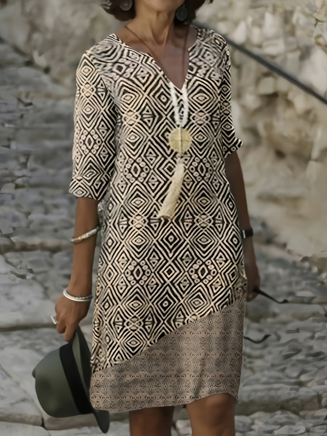 Tribal Print Three Quarter Sleeve Relaxed Mini Dress
